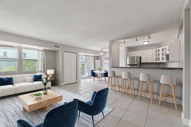 3315 58th Ave S Unit 314, Saint Petersburg, FL 33712 - living room with light tile patterned flooring, a textured ceiling, rail lighting, ceiling fan, and baseboards