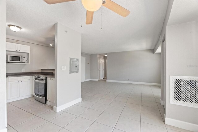 3315 58th Ave S Unit 314, Saint Petersburg, FL 33712 - kitchen featuring appliances with stainless steel finishes, dark countertops, ceiling fan, electric panel, and white cabinetry
