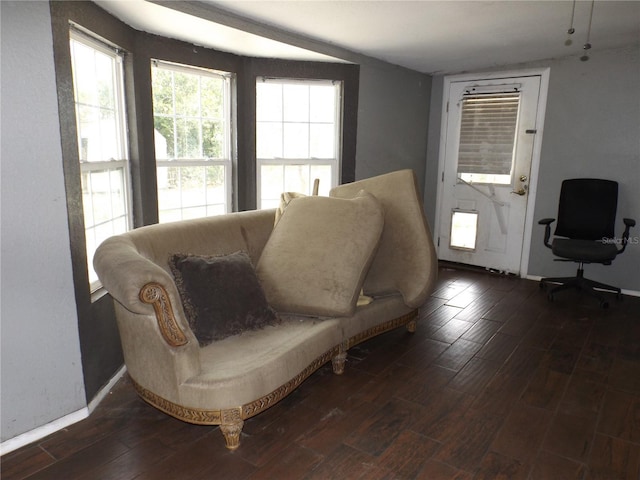 living area featuring baseboards and dark wood finished floors