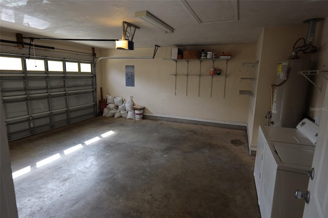 garage with electric panel, gas water heater, and a garage door opener