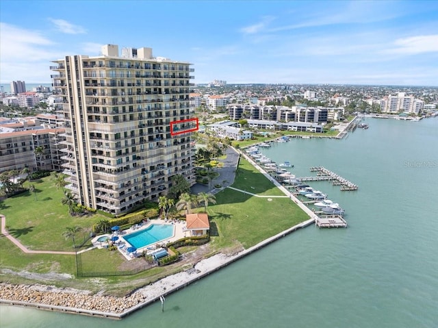 aerial view with a water view and a view of city