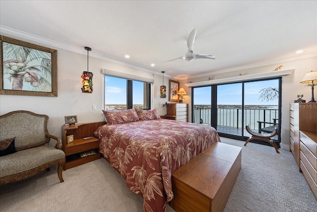 bedroom featuring recessed lighting, access to outside, ornamental molding, and light colored carpet