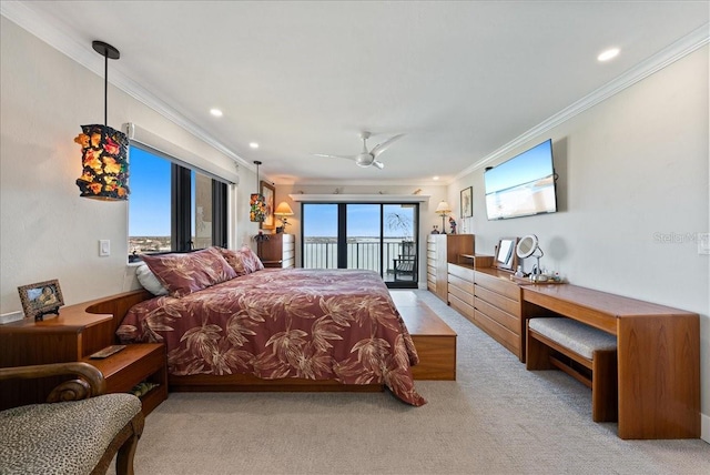 carpeted bedroom with ornamental molding, access to outside, ceiling fan, and recessed lighting