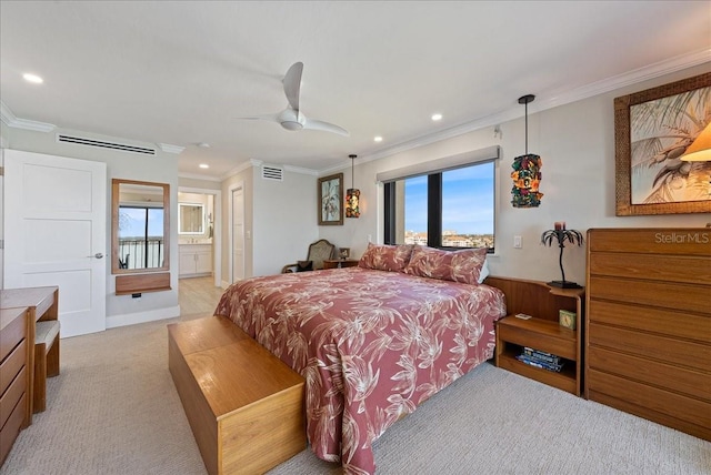 bedroom featuring light carpet, ornamental molding, visible vents, and recessed lighting