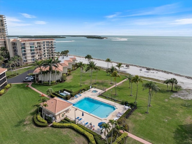 drone / aerial view featuring a water view