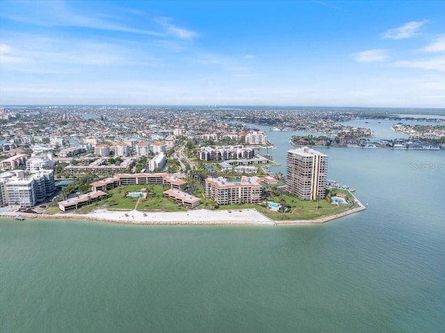 aerial view featuring a water view and a view of city