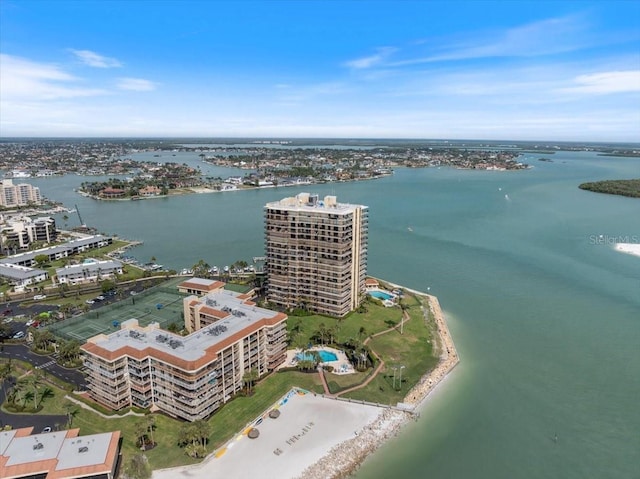 aerial view featuring a view of city and a water view