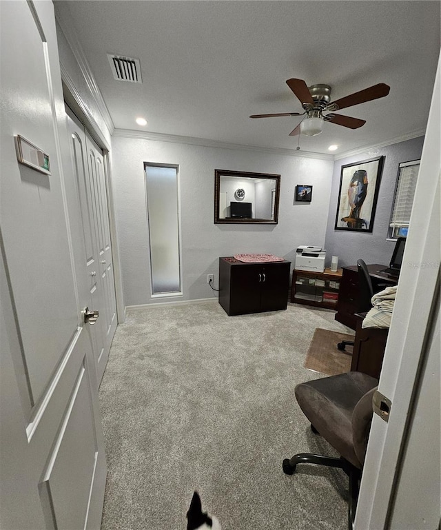 carpeted home office with ceiling fan and ornamental molding