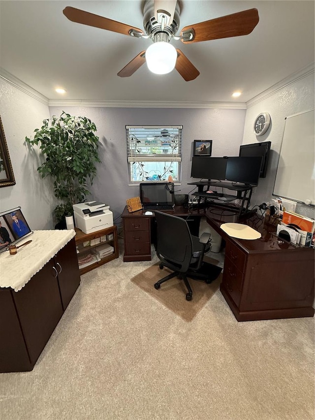 office area featuring ceiling fan, light carpet, and crown molding