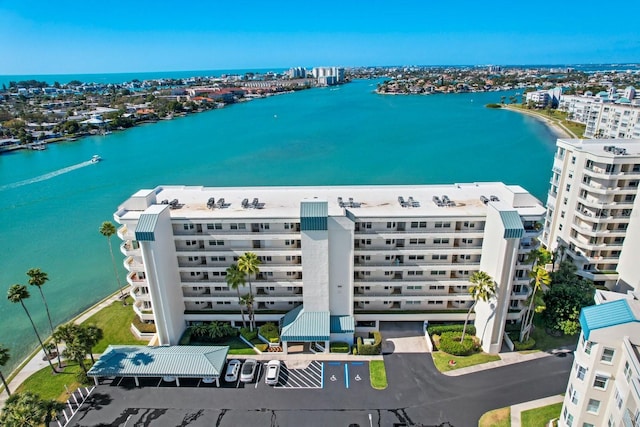 bird's eye view with a water view and a view of city