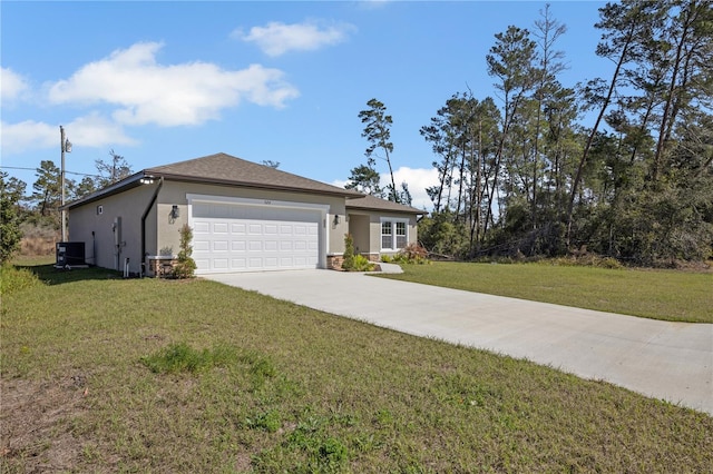 single story home featuring stucco siding, concrete driveway, an attached garage, cooling unit, and a front lawn