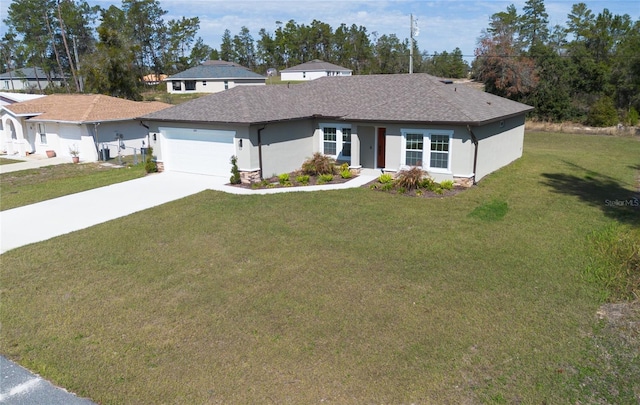 ranch-style house featuring an attached garage, concrete driveway, a front yard, and stucco siding