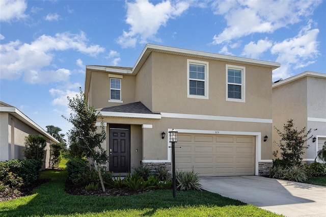 view of front of house featuring driveway, a garage, stone siding, a front lawn, and stucco siding