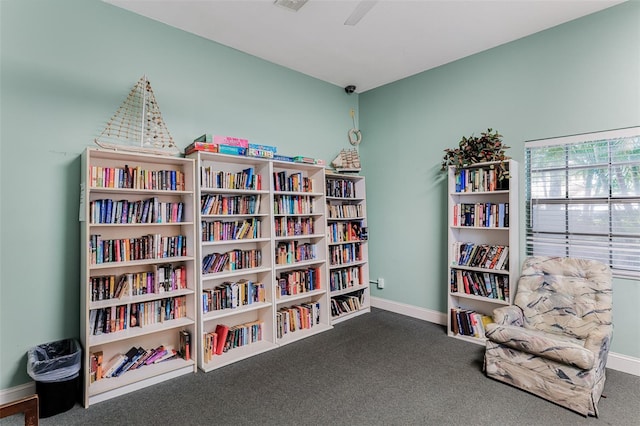 sitting room featuring carpet and baseboards