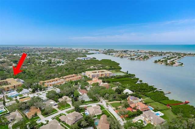 bird's eye view with a water view