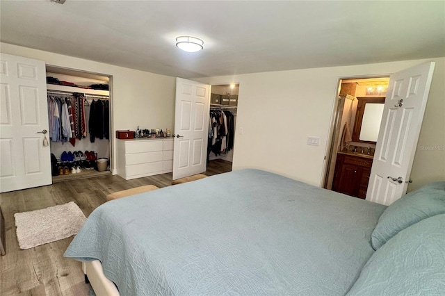 bedroom featuring a spacious closet, ensuite bath, and wood finished floors