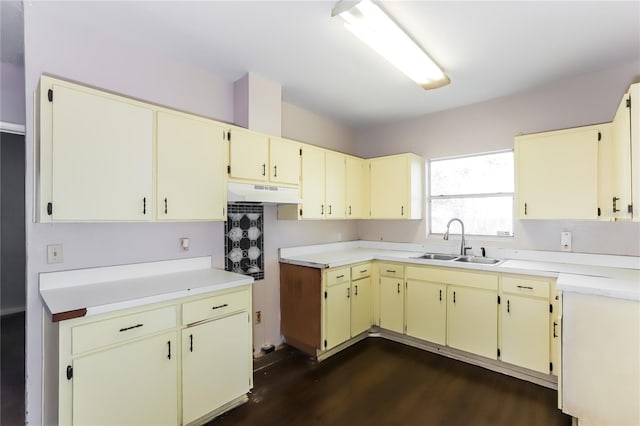 kitchen with cream cabinets, sink, and dark wood-type flooring