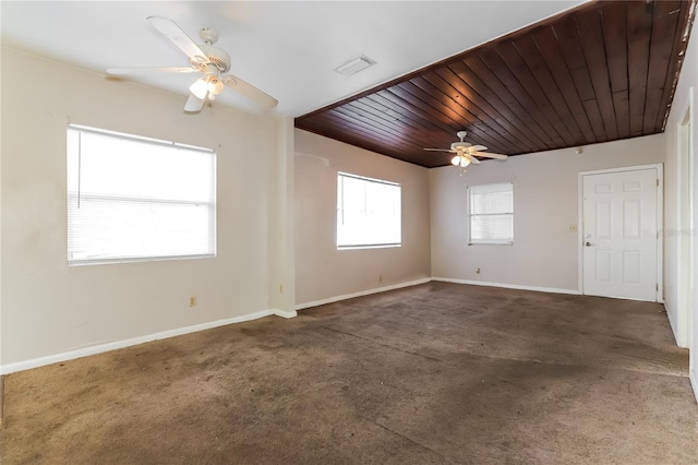 spare room with wooden ceiling, ceiling fan, and carpet flooring