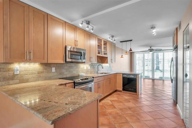 kitchen featuring stainless steel appliances, tasteful backsplash, glass insert cabinets, a sink, and a peninsula