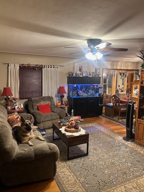 living area with ceiling fan and wood finished floors