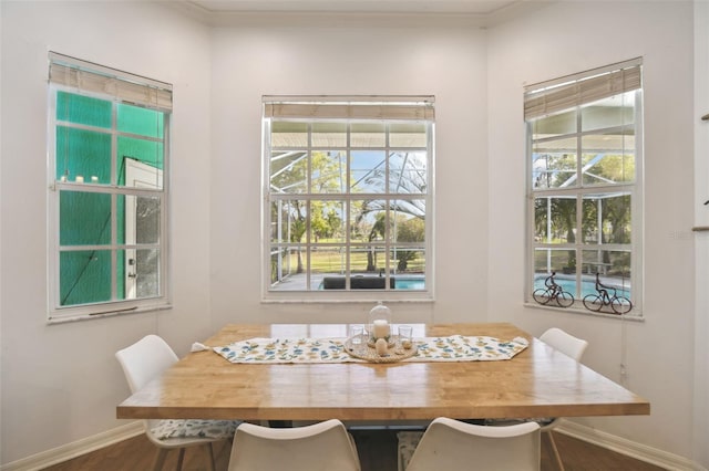 dining area featuring a healthy amount of sunlight, baseboards, breakfast area, and wood finished floors