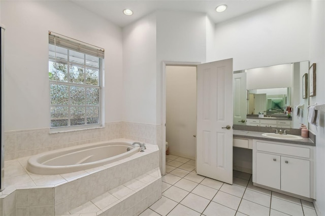 full bathroom with tile patterned flooring, toilet, recessed lighting, vanity, and a bath