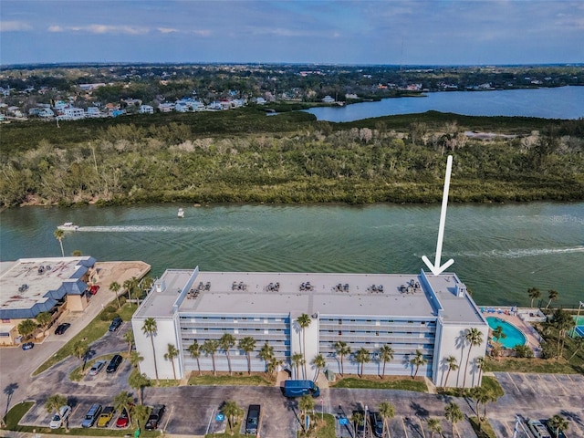 birds eye view of property featuring a water view