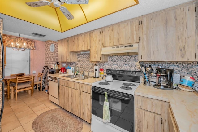 kitchen featuring white dishwasher, sink, electric range oven, and light brown cabinets