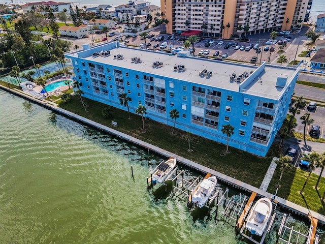 birds eye view of property featuring a water view