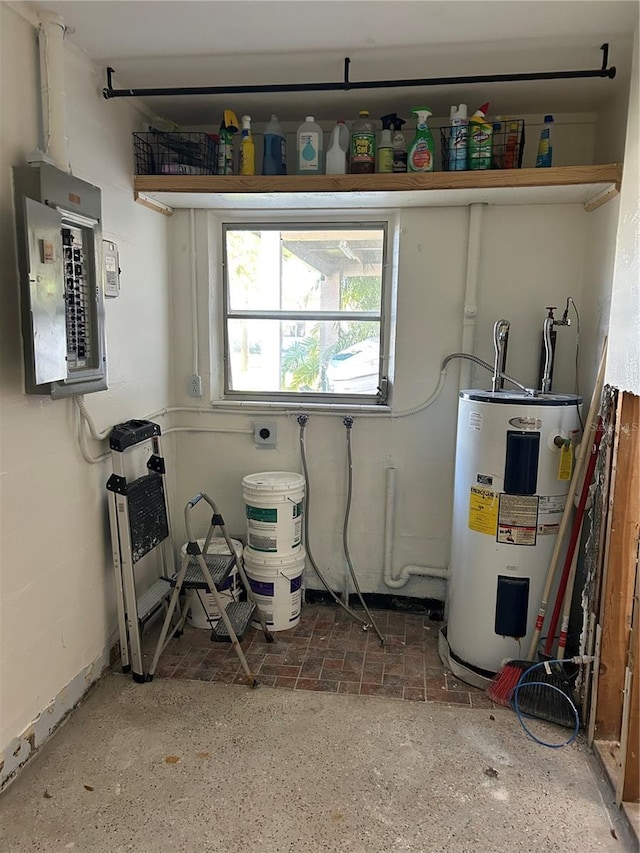 utility room with electric panel and electric water heater