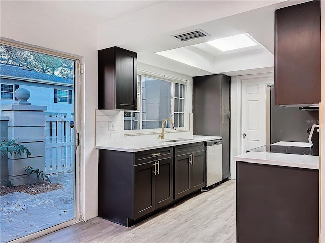 kitchen with a sink, visible vents, light wood-style floors, stainless steel dishwasher, and decorative backsplash