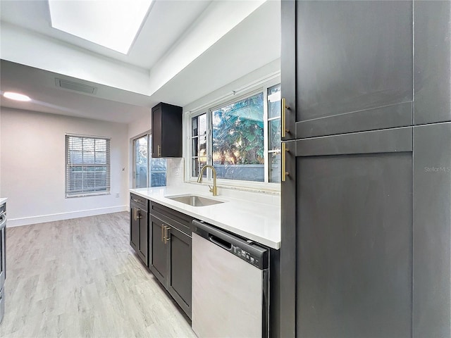 kitchen featuring a sink, visible vents, light wood-style floors, light countertops, and dishwasher