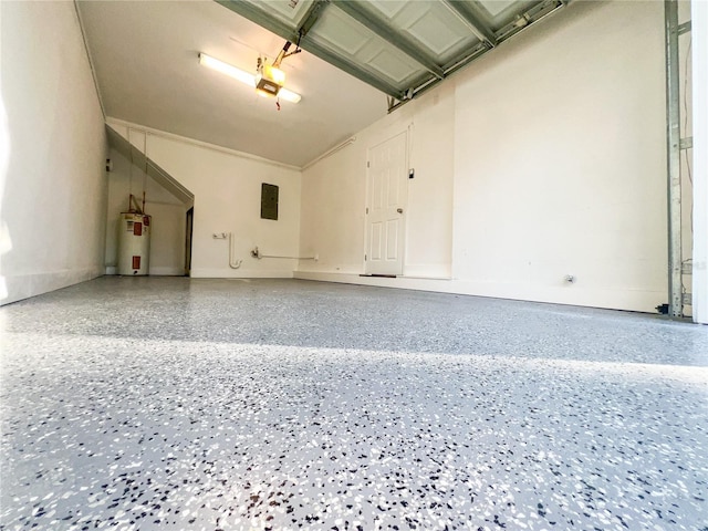 garage featuring a garage door opener, electric panel, water heater, and baseboards