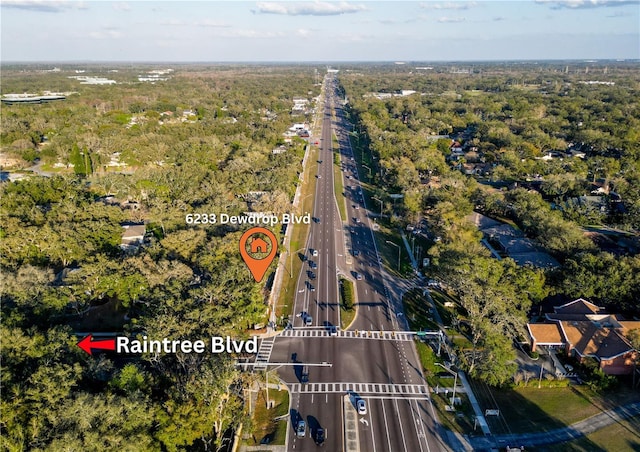 bird's eye view with a wooded view