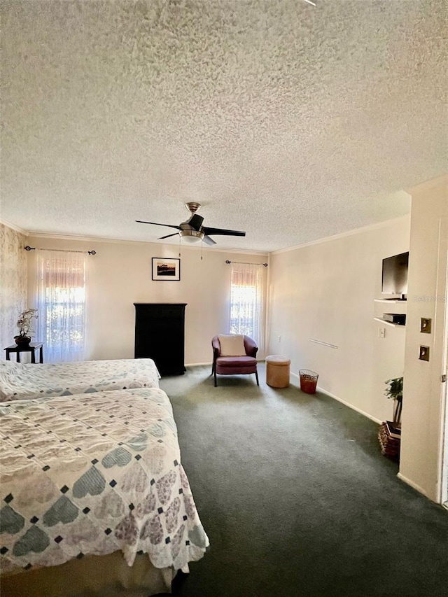 unfurnished bedroom with dark colored carpet, a textured ceiling, and ceiling fan