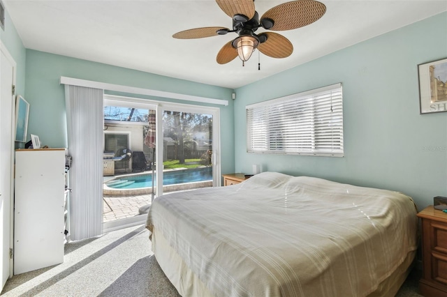 carpeted bedroom with a ceiling fan, access to outside, multiple windows, and visible vents