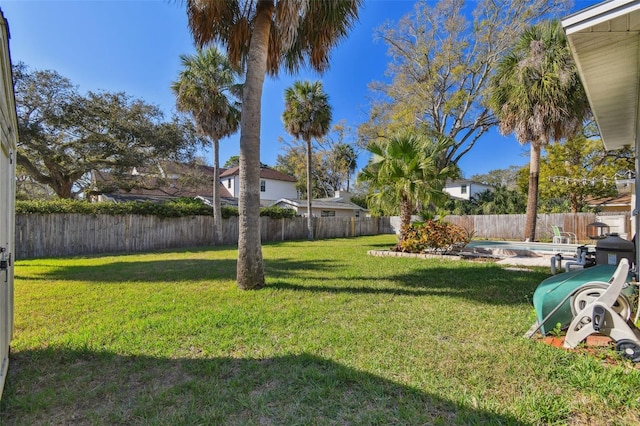 view of yard with a fenced backyard and a fenced in pool