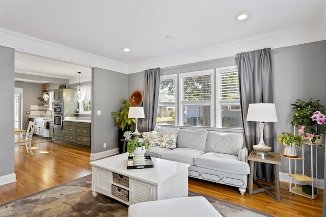 living room with hardwood / wood-style flooring and crown molding