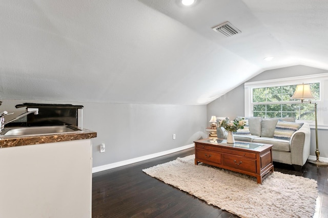 living room with lofted ceiling, sink, and dark hardwood / wood-style floors