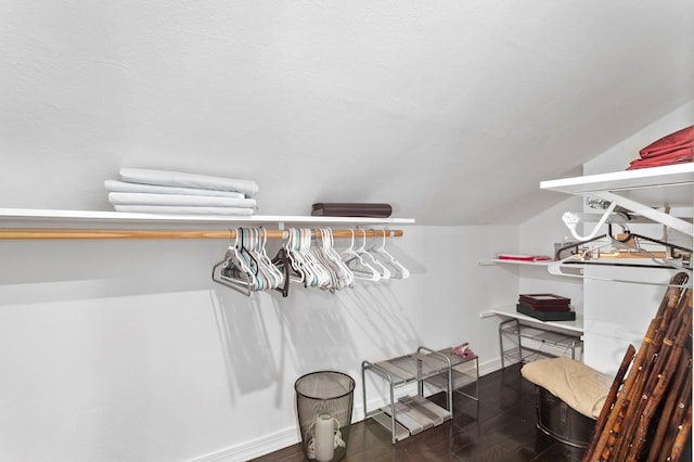 spacious closet featuring dark hardwood / wood-style floors and lofted ceiling