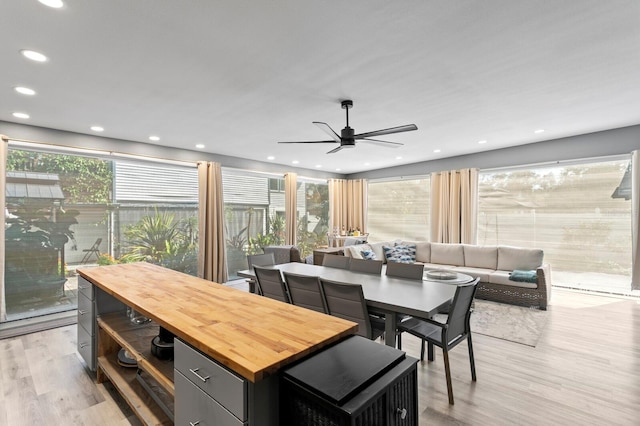 dining room featuring ceiling fan and light hardwood / wood-style flooring