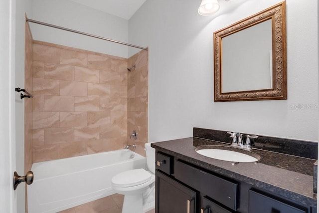 bathroom with toilet, shower / bathtub combination, tile patterned floors, and vanity