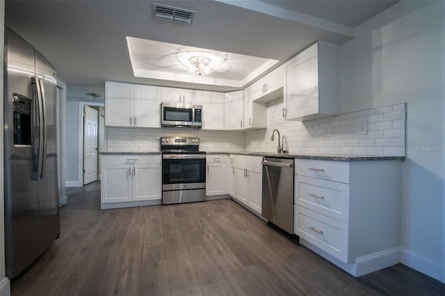 kitchen featuring appliances with stainless steel finishes, white cabinets, dark hardwood / wood-style flooring, and a tray ceiling