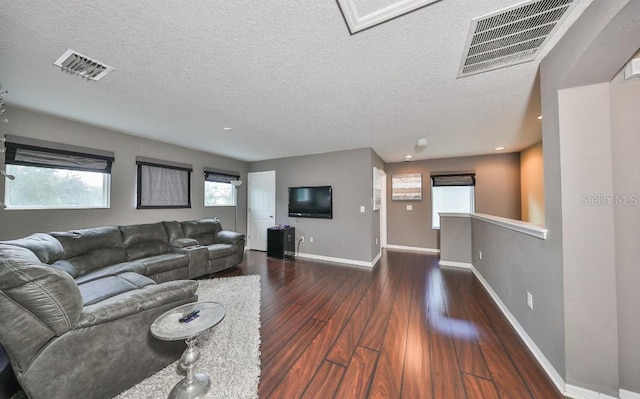 living room with a textured ceiling, dark hardwood / wood-style floors, and a healthy amount of sunlight