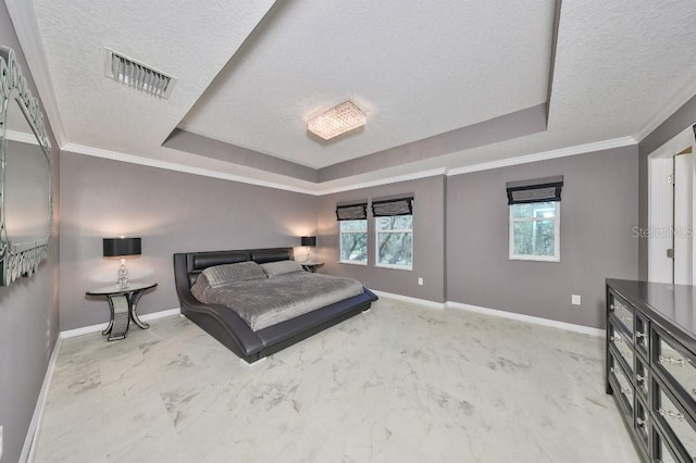 bedroom with a tray ceiling, multiple windows, and a textured ceiling