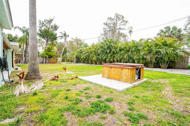 view of yard featuring a hot tub and a patio area