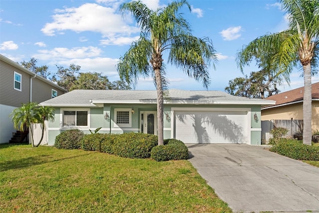 single story home featuring a front yard, concrete driveway, an attached garage, and stucco siding