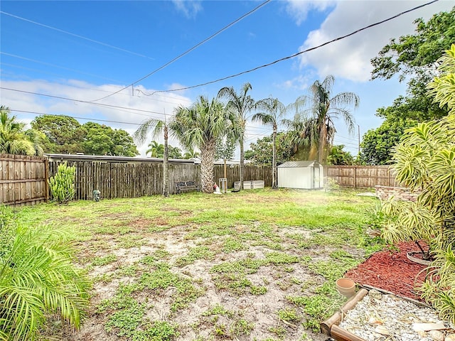 view of yard featuring a storage shed