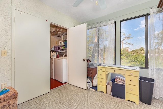 office area with ceiling fan and washer and clothes dryer