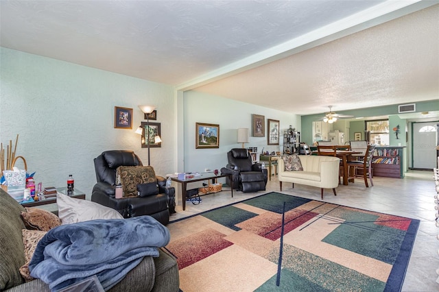127 Tidewater Dr Unit 127, Bradenton, FL 34210 - living room with a ceiling fan, visible vents, and a textured wall